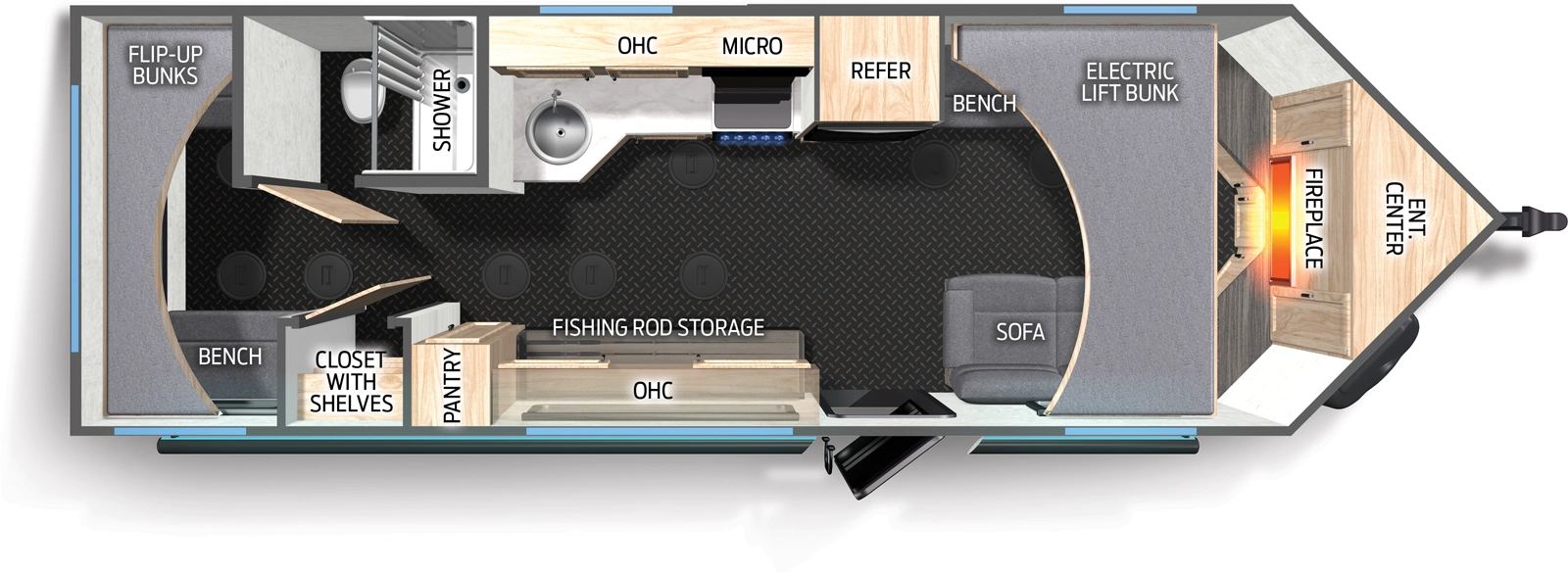 The Cascade 21CHC floorplan has one entry and zero slide outs. Exterior features include: metal exterior. Interiors features include: bunk beds.